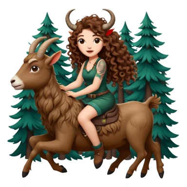 cute woman long curly brown hair tattoos riding forest goat sticker
