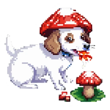 dog eating a red and white mushroom sticker
