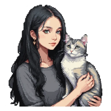 Beautiful girl with long black hair petting a gray and blonde mixed cat sticker