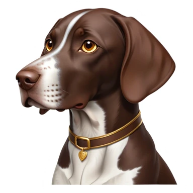 Cinematic Noble German Pointer Portrait Emoji, Poised and regal, with a lean, athletic build and a sleek, short coat in liver and white, deep-set soulful brown eyes, Simplified yet sharp and sophisticated features, highly detailed, glowing with a soft, dignified glow, high shine, intelligent and driven, stylized with an air of determination, focused and attentive, soft glowing outline, capturing the essence of a watchful and commanding hunter, so majestic it feels as though it could sprint out of the screen with effortless authority! sticker