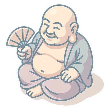 Hotei with a fan, 2D isometric style, clean lines, sharper angles, high detail, pronounced shadows and highlights, minimalist eastern accent, pastel palette #98B5BC, #B5B3C1, #C9A3C9, #E4C0CA, #F7DCD1, #F7C0AA, transparent background sticker