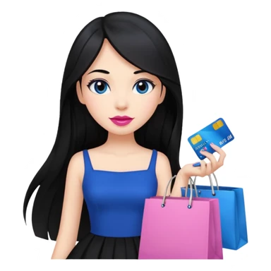 Girl with long black hair, pink lipstick, brown eyes holding shopping bags and blue credit card and wearing a black dress  sticker