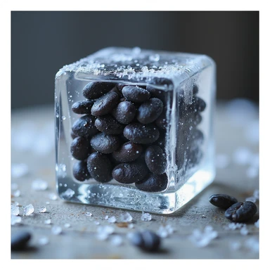 Make this image photorealistic, with black beans inside a clear ice cube. Add visible frost and condensation on the surface. Keep the background transparent. sticker