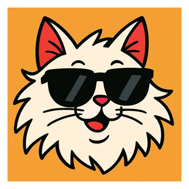 white long-haired cat face with black sunglasses, playful cartoon style sticker
