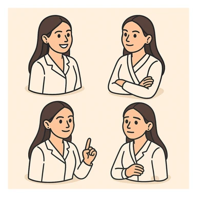 Edit the image of a female doctor with dark long straight hair and brown eyes, smiling, wearing a white medical coat. Create multiple variations with different poses and facial expressions in 2D isometric style with a minimalist background. sticker