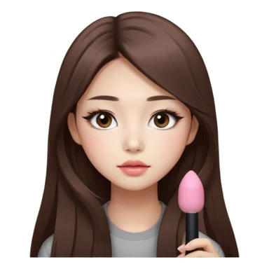 “korean straight long brown hair Emoji girl, soft eyeliner and blush, gradient lips, light brown shimmer eyeshadow sticker