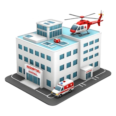 3d hospital outside, with text hospital, ambulance, helicopter , no background sticker