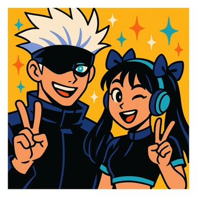 Gojo Satoru and his female protégé, both making peace signs, playful expressions, Gojo with black shades and icy-blue eyes, protégé with long black hair, twin bows, cropped black top with cyan accents, blue headphones, sparkly doodle background, in vibrant toon style sticker