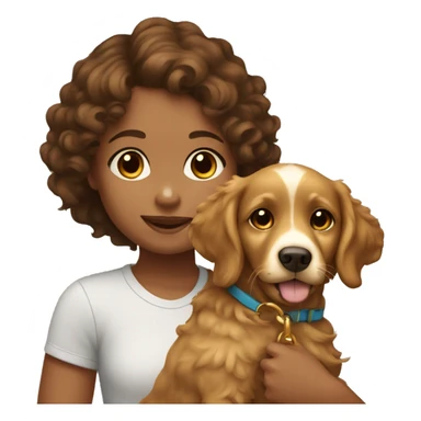 Tan skinned girl with  brown curly hair with a golden retriever puppy sticker