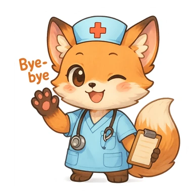 chibi anime style fox character, medical theme, saying goodbye, cute, colorful, detailed sticker