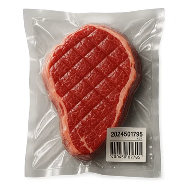 diamond-textured meat steak, shiny and inflated, vacuum-sealed style sticker