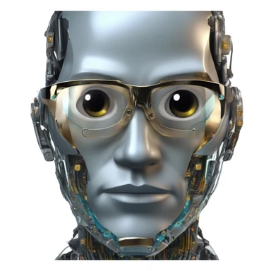 Male cyborg head with metallic plated face, flat top, glasses and circuits sticker