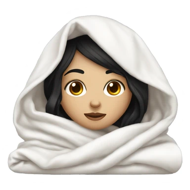 Pale Girl with black hair  laying down cozy in a white blanket sticker