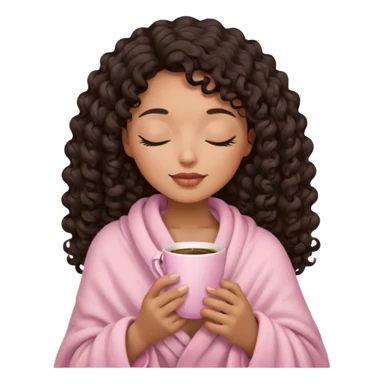 hispanic woman, brown skin, black long 3b curls, closed eyes, feminine face, holding soft pink coffee cup with beige blanket over shoulders sticker