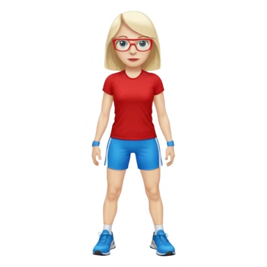 45 yr old white woman, pale skin, long straight blond hair parted in center, blue eyes, bangs, clothes for gym, big red glasses sticker