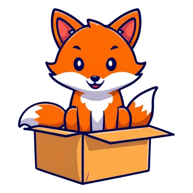 Mischievous fox playing in a colorful cardboard box, kids toy style sticker