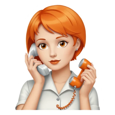 woman with short orange hair holding a vintage white phone to her ear, upper body sticker