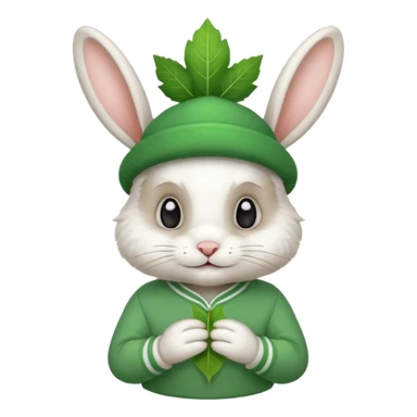A rabbit that has a leaf hat and a green jersey sticker