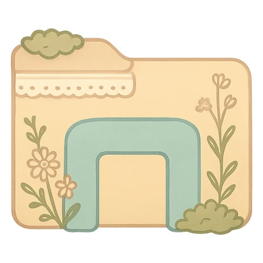 Create a File Explorer icon in cottagecore style: folder with a blue arch, decorated with wildflowers, moss, and lace, soft pastel and earthy colors, no text, transparent background. sticker