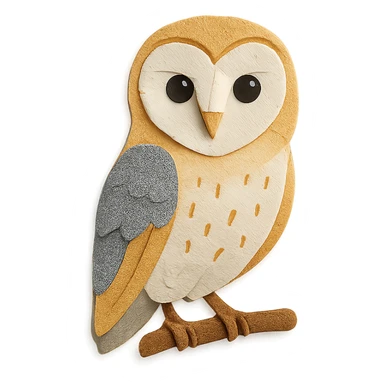barn owl on a branch, layered paper details, expressive dark eyes, white face, golden and gray plumage sticker