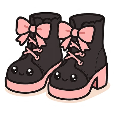 BLACKPINK-inspired gothic shoes, no hearts, black and pink, cute and stylish, kawaii style, pastel peach accents, lace-up ankle boots with ribbons sticker