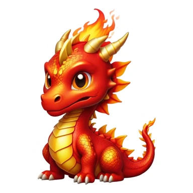 Cinematic Cute Fierce Fire Dragon Portrait Emoji, Head tilted playfully and inquisitively, showcasing a robust, flame-embellished form with intricately detailed scales in vibrant reds and glistening golds, accented by flickering ember highlights and a warm, inviting glow; rendered with lifelike detail and radiant natural light, high shine, spirited yet endearing, styled with a touch of blazing whimsy, soft glowing outline, capturing the essence of a mischievous yet charming inferno that seems ready to dance with playful fire! sticker