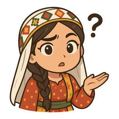 Kurdish man or woman in jamadani, cartoon style, confused or questioning expression with one eyebrow raised, hand up as if asking 'really?', no text sticker