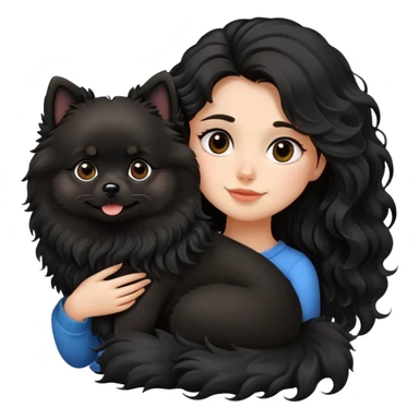 A girl with dark long wavy hair and a black fluffy pomeranian is lying on her left shoulder and neck emoji sticker