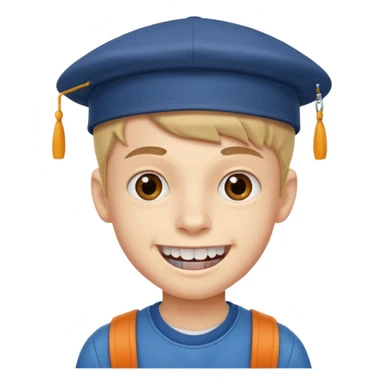 schoolboy with big front teeth wearing a cap sticker