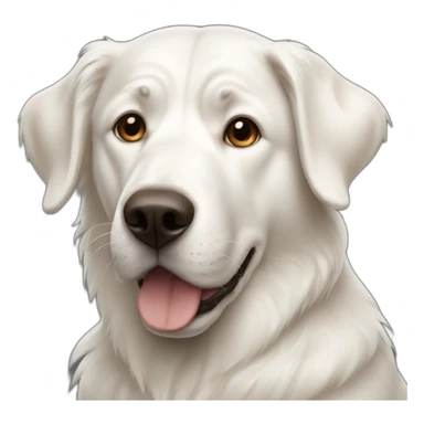 big white dog with a brown left ear sticker