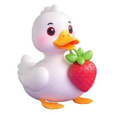 cute white duck with a strawberry-shaped shoulder bag, kawaii 3D style, pastel colors, big shiny eyes, soft lighting, inspired by iOS 18 aesthetics sticker