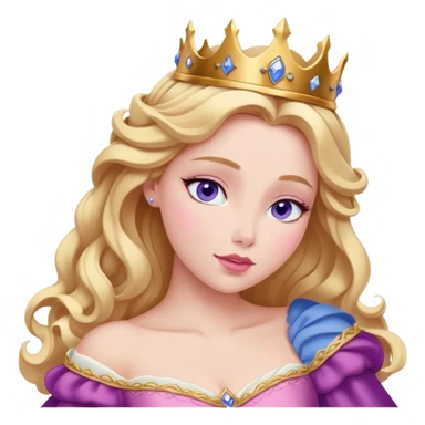 Cinematic Realistic Sleeping Beauty (Aurora) Portrait, with porcelain-like skin featuring a natural rosy flush, illuminated by soft lighting that highlights the gentle contours of her face. Her golden blonde hair flows in soft, detailed waves with subtle highlights that shimmer in the light. Her deep violet-blue eyes radiate warmth and innocence, framed by arched brows and long lashes. Her serene expression exudes quiet elegance. She is dressed in her classic pink gown, the fabric rich in texture with delicate folds that catch the light. A golden crown rests atop her head, gleaming with royal refinement. The portrait captures a soft, glowing aura, blending realism with an ethereal sense of beauty and timeless enchantment. sticker