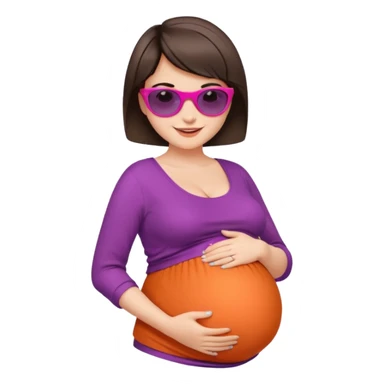 pregnant stylish woman with short pixie brunette hair happily touching her big belly while wearing fashionable clothes and colorful shades sticker
