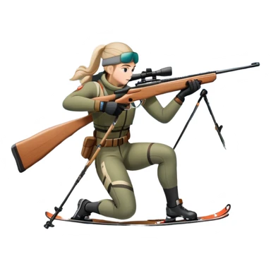 An icon showing a snowy landscape with pine trees, mountains, and a clear sky with a biathlete aiming a rifle in the foreground, wearing winter gear and skis. Transparent background emphasizes the precision, endurance, and beauty of this winter sport. sticker