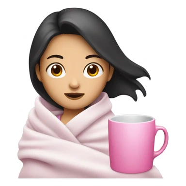 Asian girl with dark hair wearing a white blanket and holding a pink mug sticker