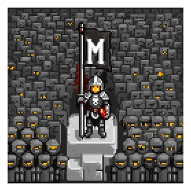 crowd of black knights with a black flag with letter M sticker