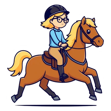 Blonde haired girl with glasses on and wearing a helmet riding a brown. horse sticker