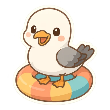 a seagull perched on a floatie, cheerful and fun sticker