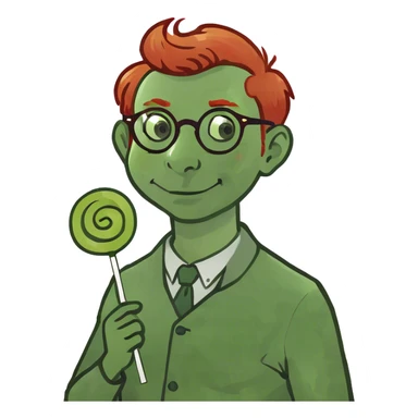 a red head with glasses, with an eggplant lollypop sticker