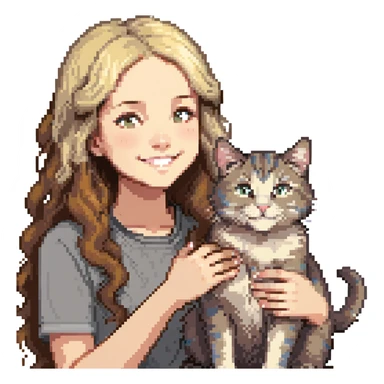 Remix: Beautiful girl with long wavy brown hair, inspired by the reference, petting a gray and blonde mixed cat, pixel art style, girl smiling, cat on her lap sticker