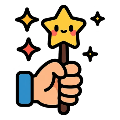 adorable magic wand held in a small hand, sparkling stars, kawaii style, colorful icon sticker