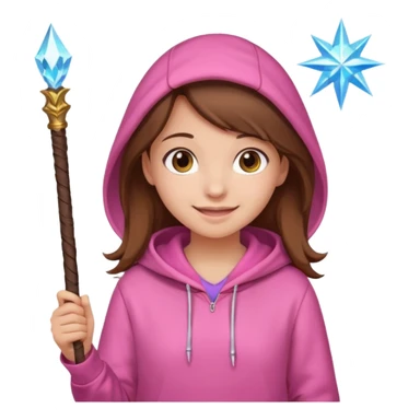 Girl With brown hair pink hoodie and a magic Sanz sticker