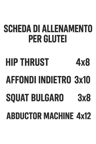 scheda di allenamento glutei in italiano con le reps scritte (tipo 4x8 ecc), iperrealistico 4k sticker