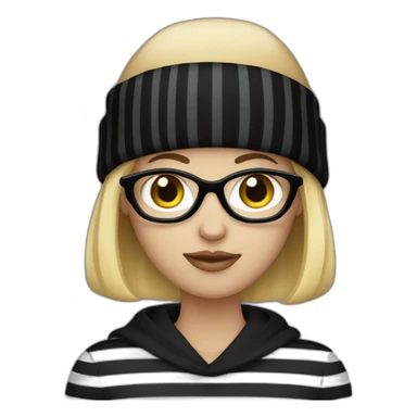 blonde woman in fully black beanie hat, black eye mask and striped shirt sticker