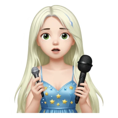 billie eilish is singing, holding mirco and twinkle dresss, white long hair, thin  sticker