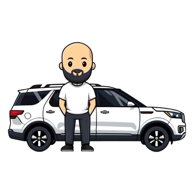 bald man with beard standing next to a white Kia Mohave SUV sticker
