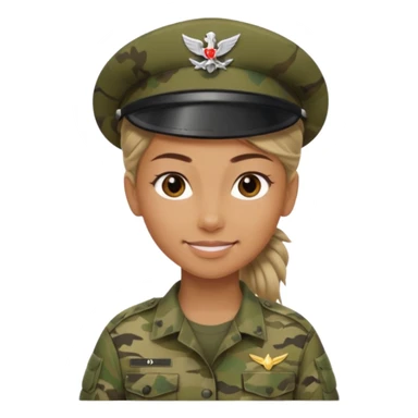 Apple emoji look — female soldier, no cap/helmet, bust, neutral smile, generic camo shirt, hair tied back, soft gradients, no weapon sticker