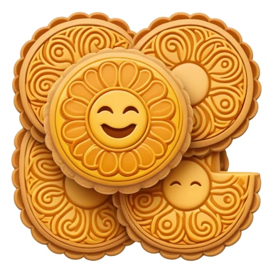 Traditional mooncake with pattern on top for Mid-Autumn Festival, simplified emoji style with bold outlines and bright colors, cartoon style Yue Bing pastry sticker