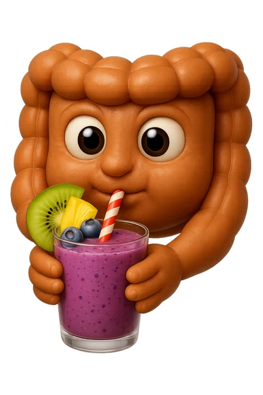 EMOJI STILE IPHONE DI un intestino umano anatomico che beve un frullato di mirtilli, ananas, kiwi, fagli anche la parte bianca degli occhi, non solo le pupille, REALISTICo 4K sticker