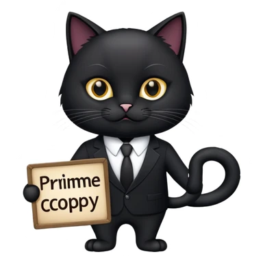 Black Cat in a black business suit holding a sign that says "PrimeCopy" sticker